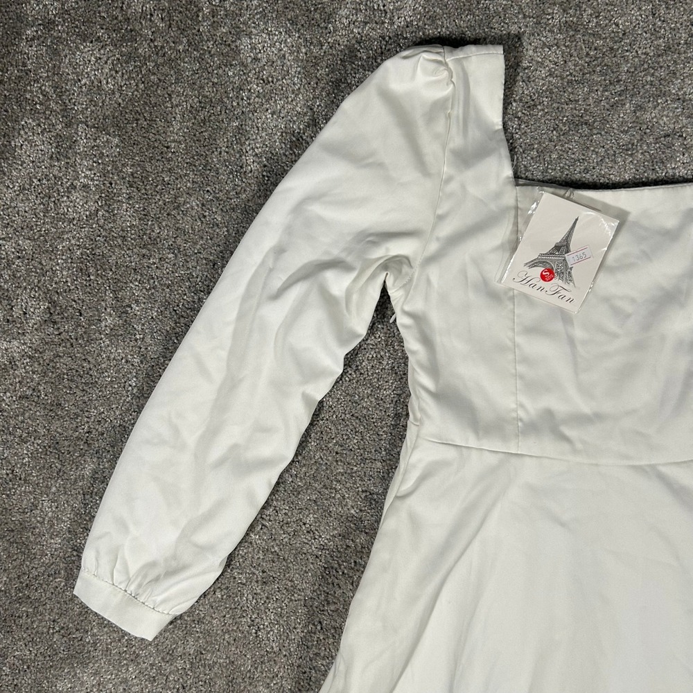 Han Fan White Square Neck Puff Sleeve Midi Dress Size Small NWT - Picture 4 of 9